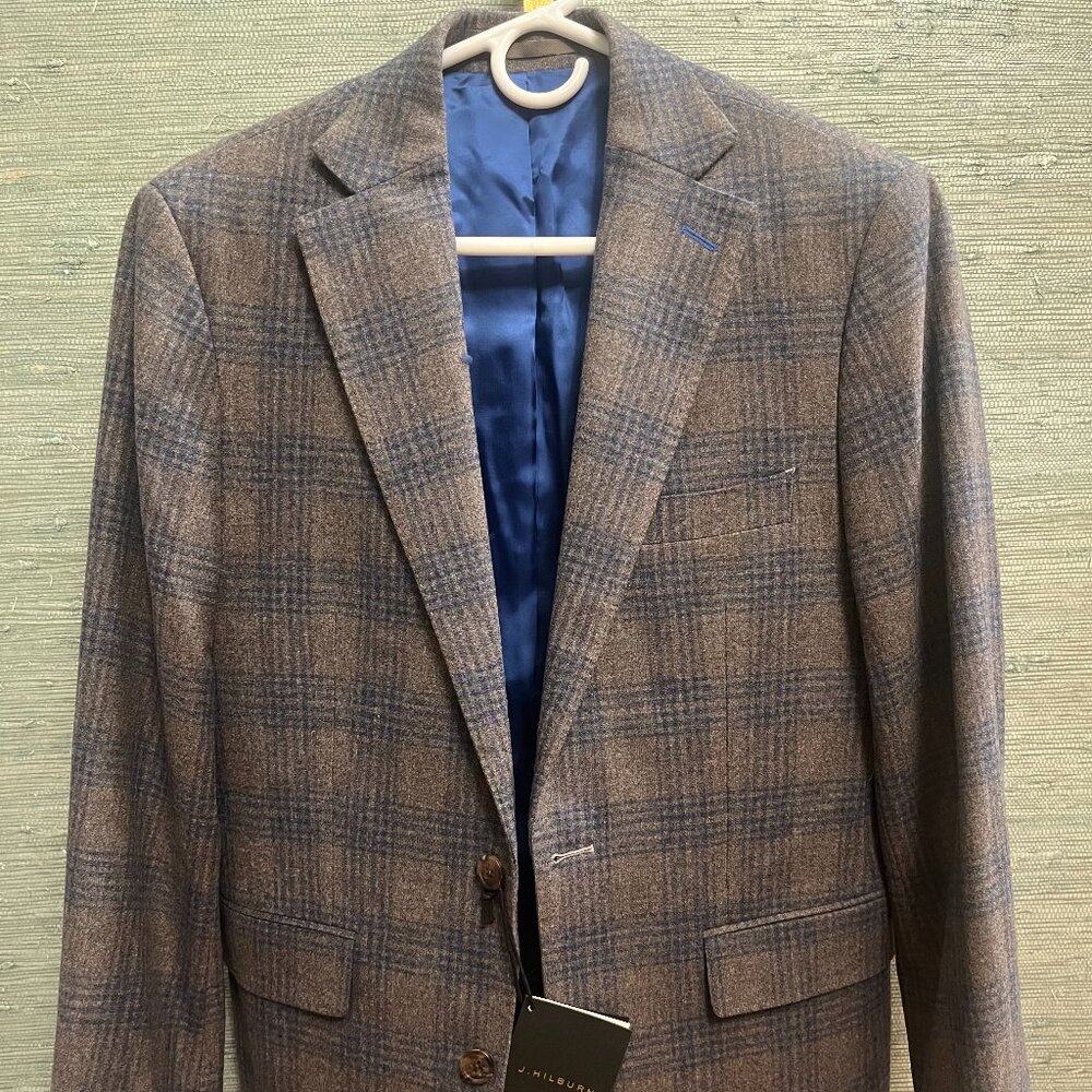 J Hilburn Mens 40R Wool Sport Coat Blazer Soft Brown with Blue Large Windowpane